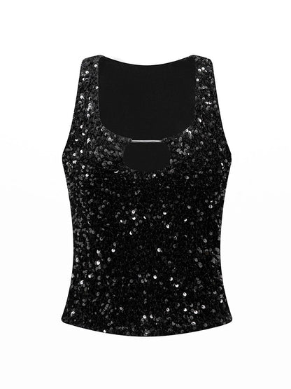 Glossy Texture Strappy Sequin Tank Top - Kturnal