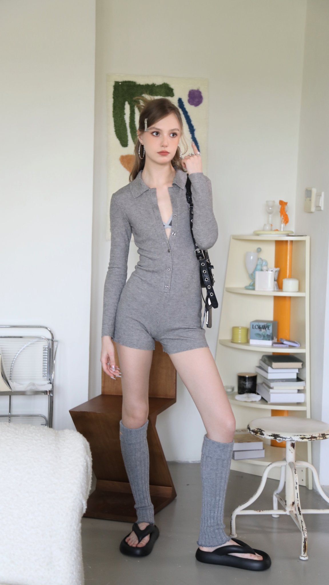 23FW Early Autumn Casual Chic Grey Knit Slimming Jumpsuit - Kturnal