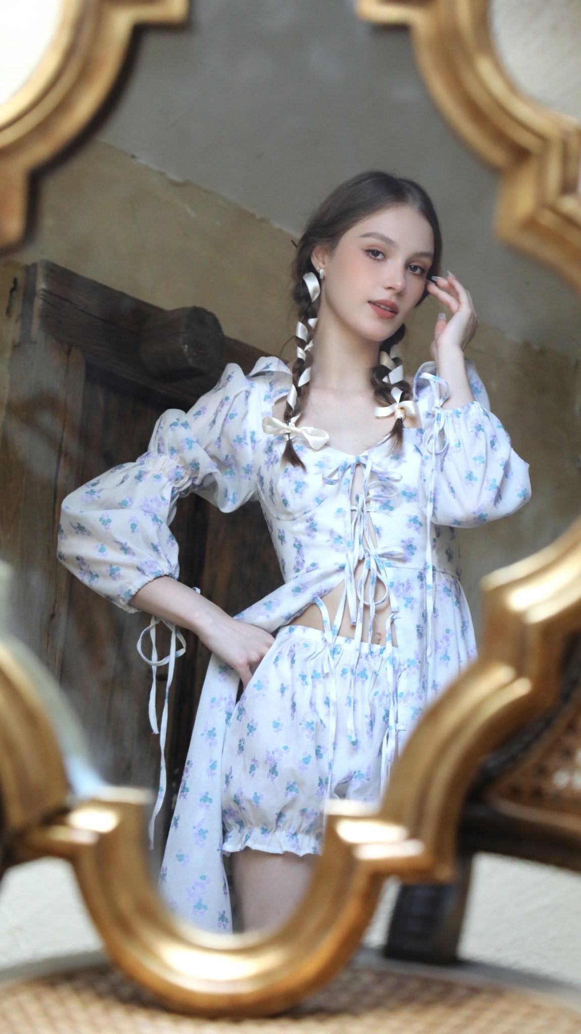 23FW "French Classical Flower Room" Jacquard Princess Autumn Long-Sleeve Dress and Coat Set - Kturnal