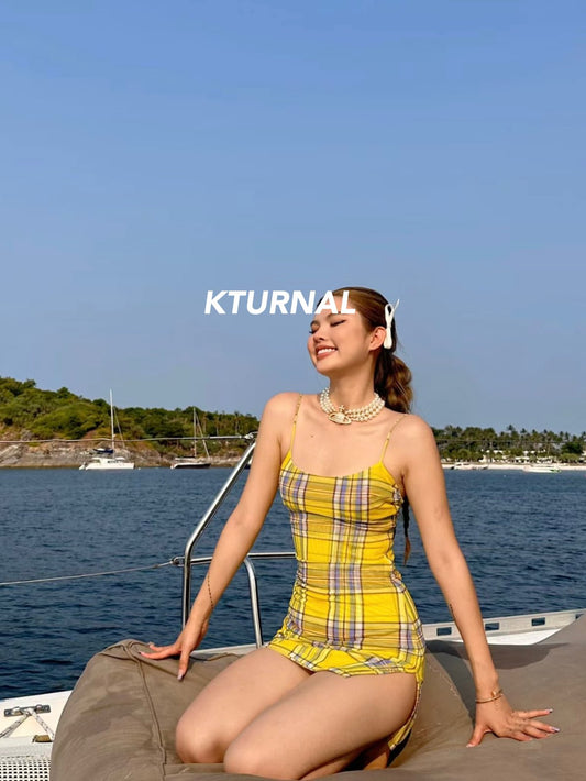 23SS American Vacation Girl Custom Plaid Pure Desire Slimming Strap Dress - Kturnal