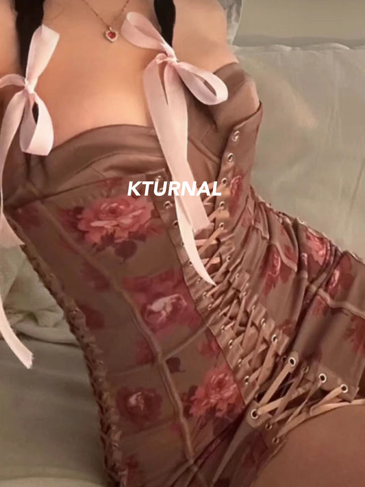 23SS "French Elegance" Jacquard Vintage Rose Bustier Dress - Kturnal