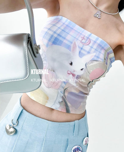 23SS Peter Rabbit Cute Bow Tie Bunny Print Tight Tube Top - Kturnal