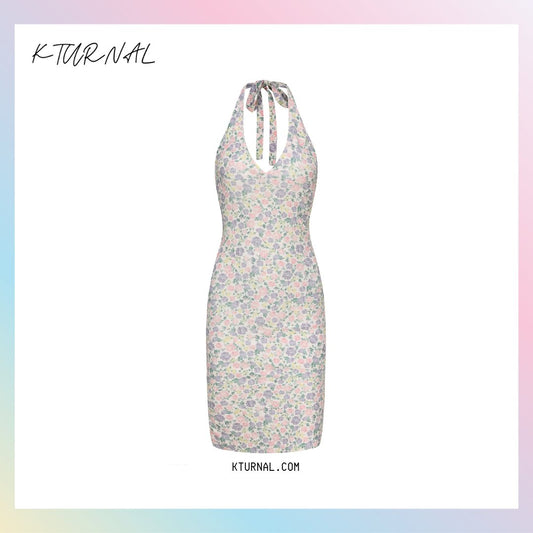 Porto Diary French Vintage Floral Print High Waist Halter Dress - Kturnal